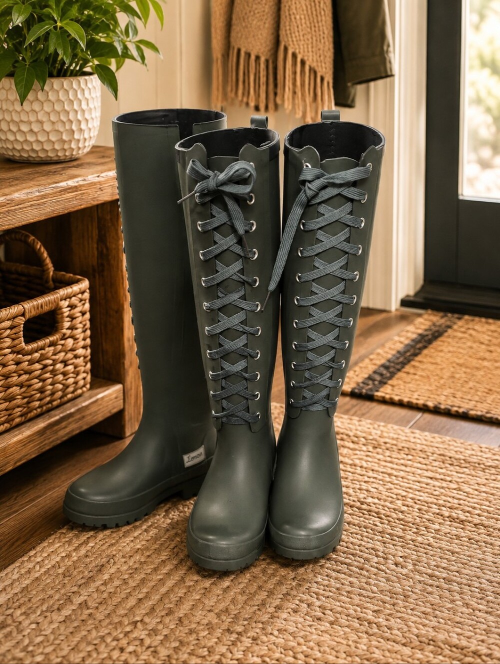 Lemon Lace-Up Knee-High Boots - Forest Green